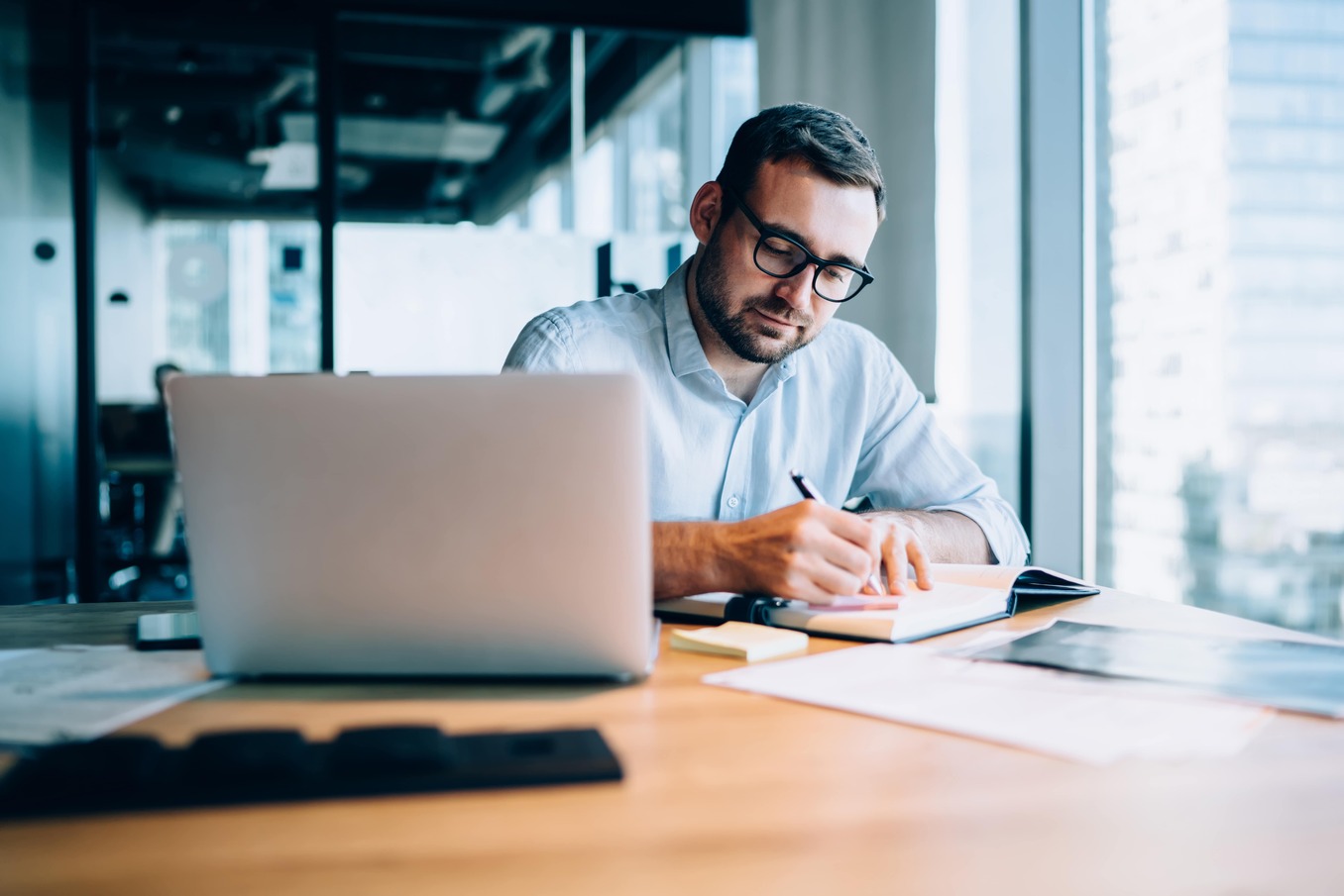 Businessman working in a clean office space
