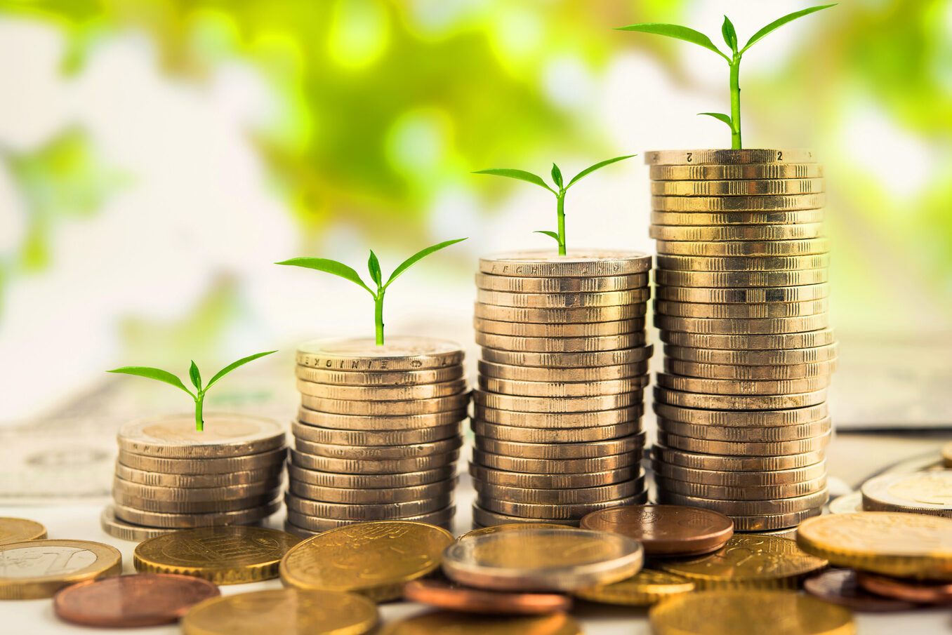 step of golden coins stacks on table with tree growing on top, nature background, money, saving and investment concept