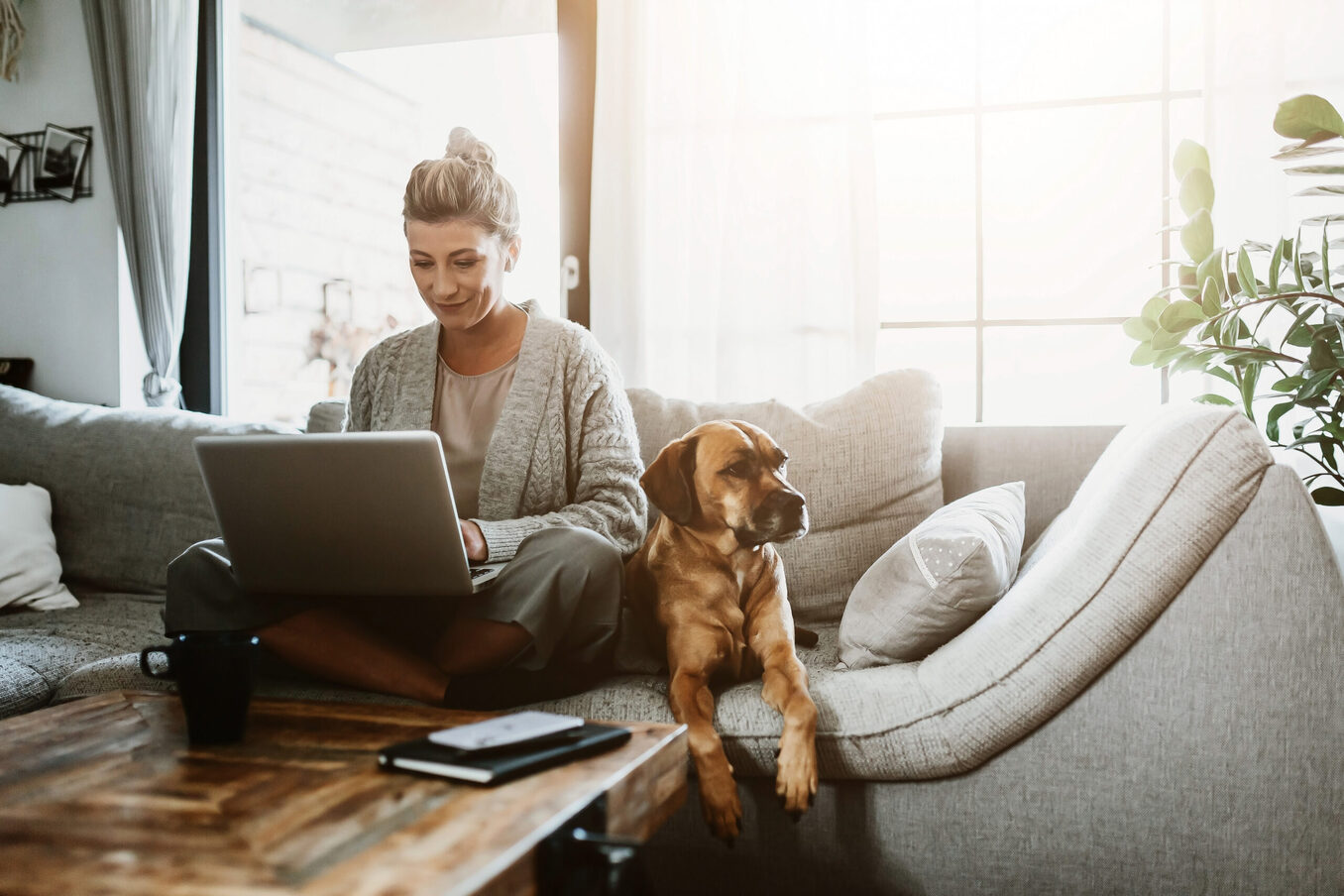 Woman working on laptop computer sitting at home with a dog pet