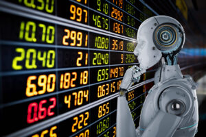 3D Rendering Humanoid Robot Analyzing Stock Market