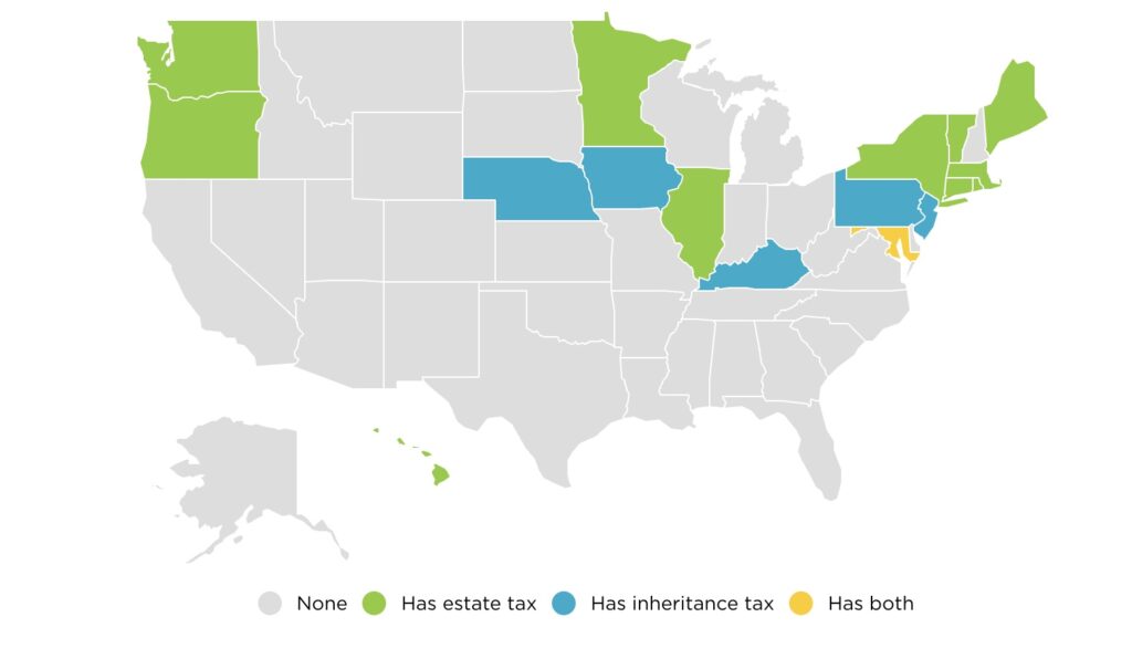 green, grey, and blue Map of US showing states with, inheritance tax, estate tax, or both.