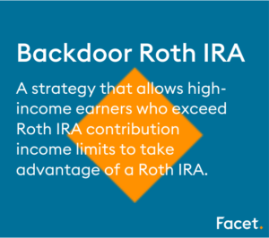 Blue box with orange triangle in the middle. Definition of a Backdoor Roth IRA.