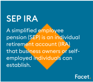 Blue box with orange triangle in the middle. Definition of a SEP IRA.
