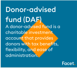 Blue box with orange triangle in the middle. Text explaining donor-advised funds.