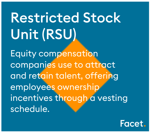 Blue square with an orange triangle in the middle. Text contains the definition of restricted stock units.
