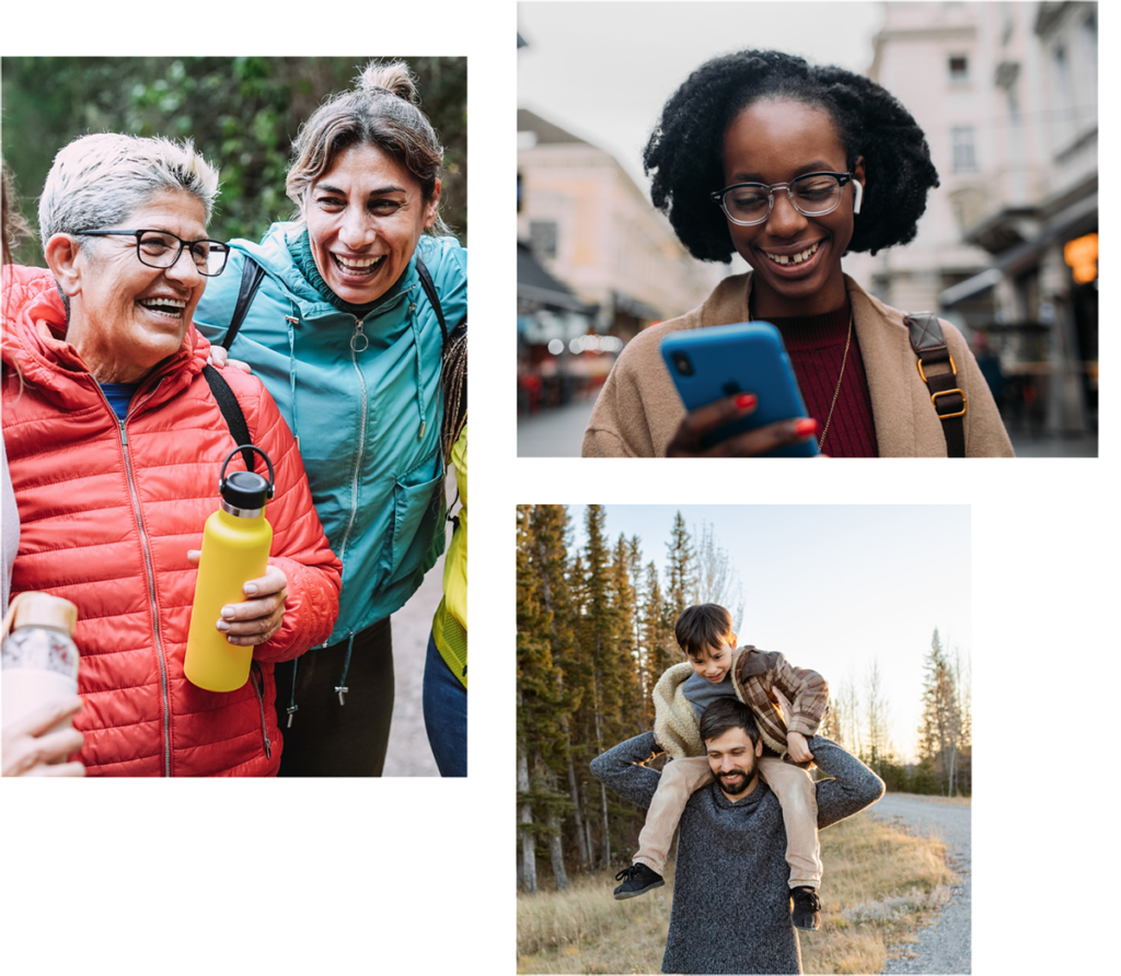 Three photos of diverse people, smiling, outside in different scenarios