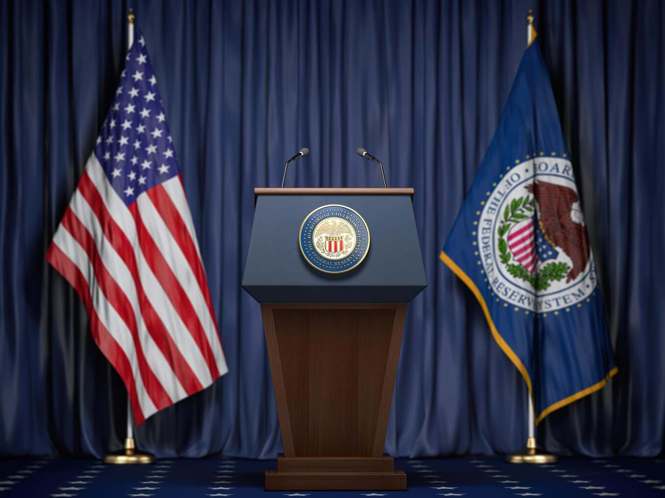 A wooden podium featuring the Federal Reserve seal, flanked by the United States flag and the Federal Reserve System flag against a dark blue curtain backdrop