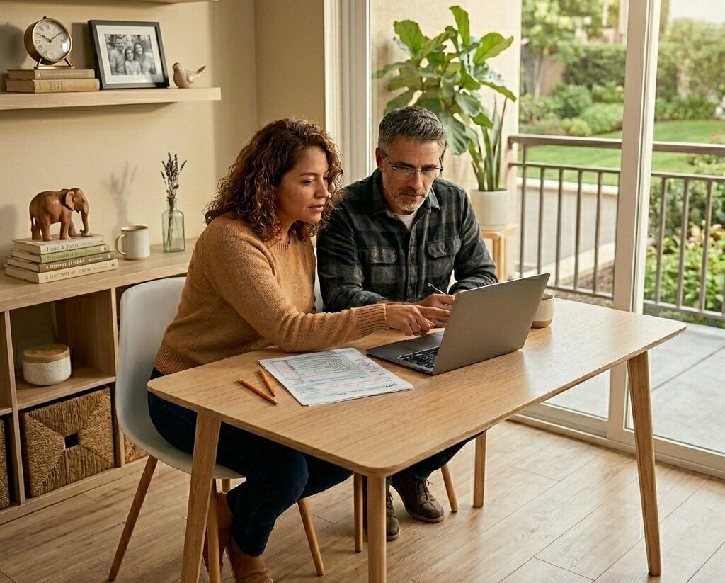 Couple reviewing tax documents at home