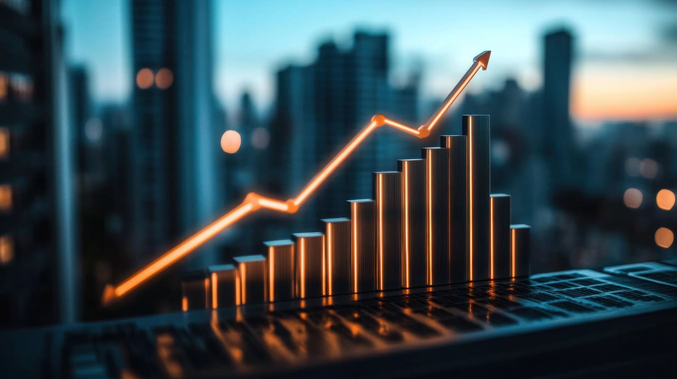 A glowing orange arrow pointing upward across a series of rising bar graphs, set against a blurred nighttime city skyline