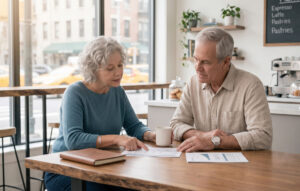 A candid portrait of an attentive senior couple review a spreadsheet and charts together at a coffee shop table, actively engaged in discussions about financial planning and their future.