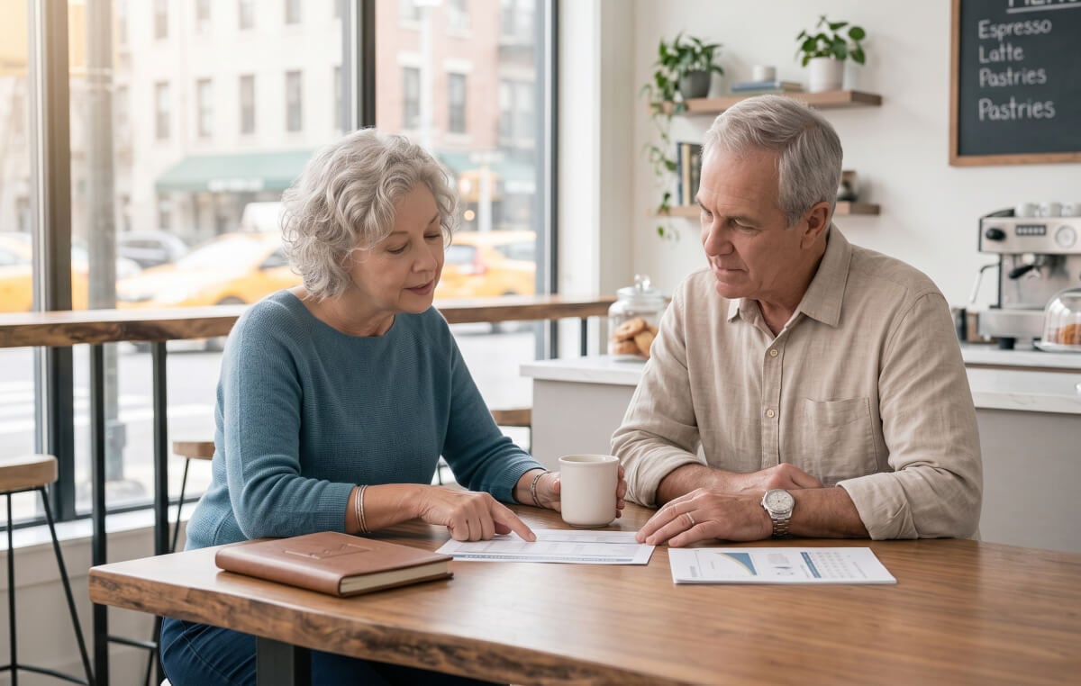 A candid portrait of an attentive senior couple review a spreadsheet and charts together at a coffee shop table, actively engaged in discussions about financial planning and their future.