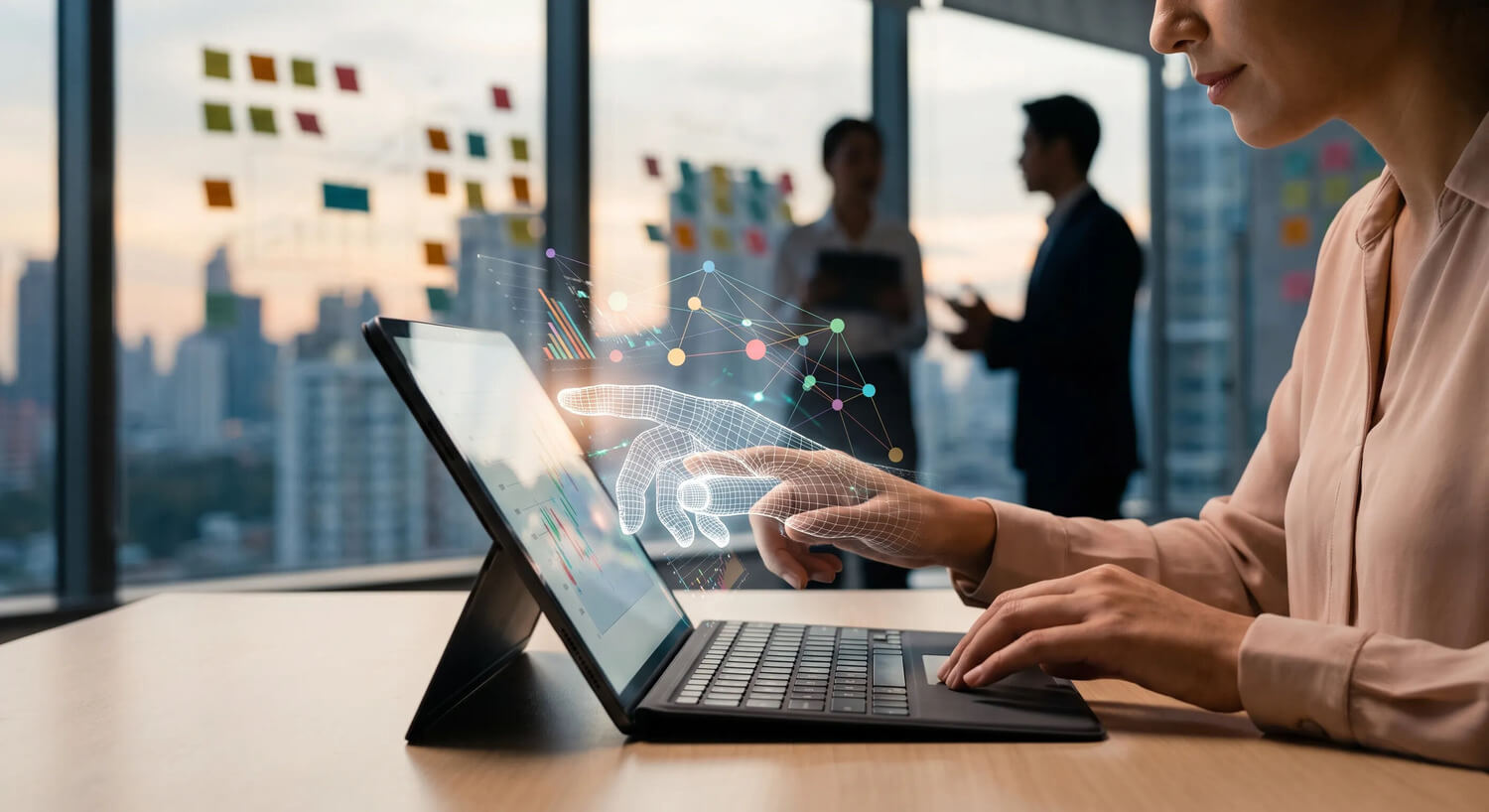 A financial advisor wearing professional attire sits at a desk in a modern office. She points at a tablet displaying a variety of stock market graphs and data. A glowing, semi-transparent wireframe image of a human hand mimics her movement on the tablet screen, symbolizing the collaboration between human judgment and artificial intelligence in financial analysis.