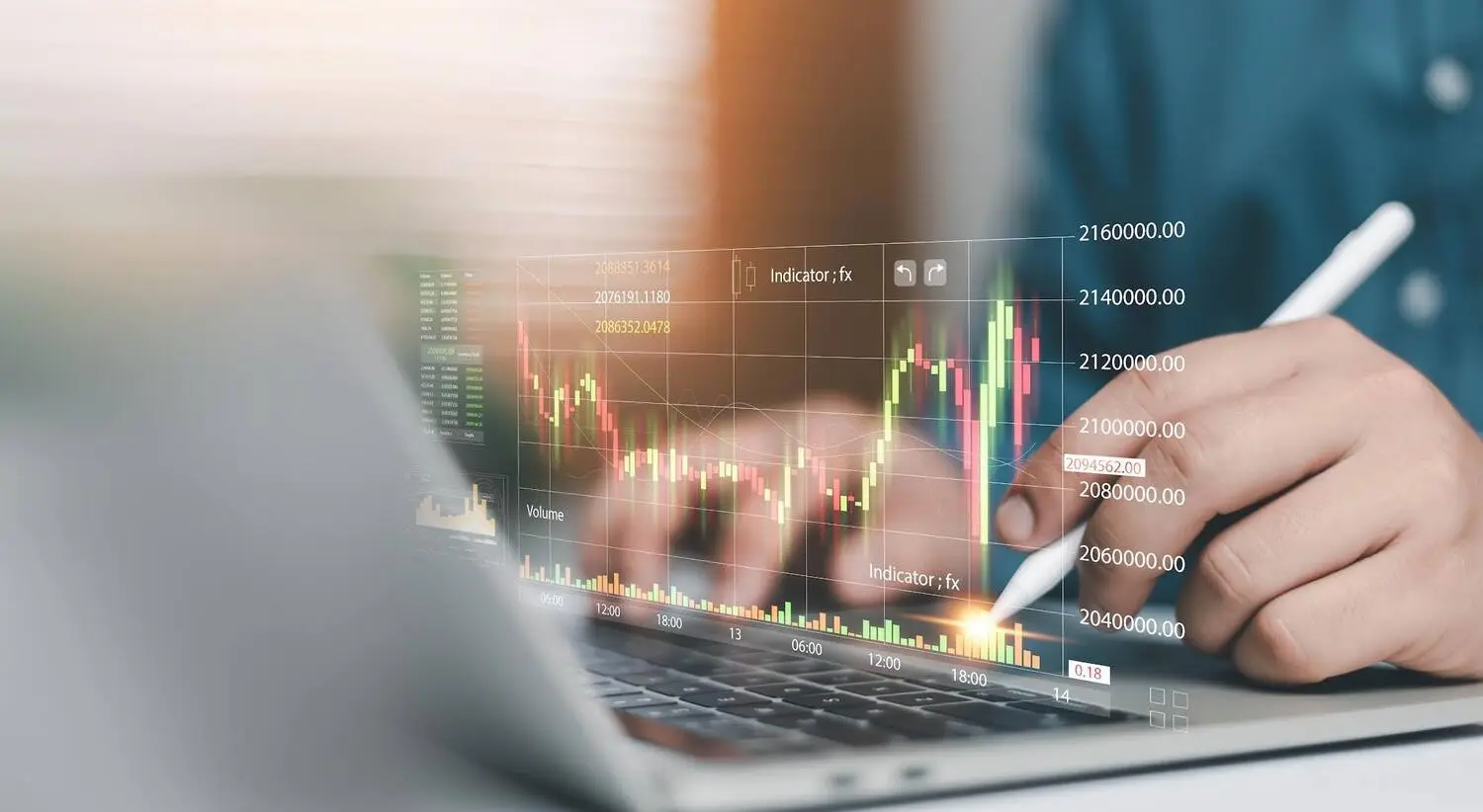A trader using a stylus on a laptop to analyze interactive stock market charts, candlestick graphs, and financial data indicators.