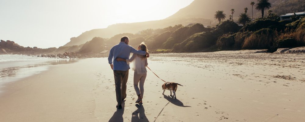 Mature,Couple,Strolling,Along,The,Beach,With,Their,Dog.,Rear