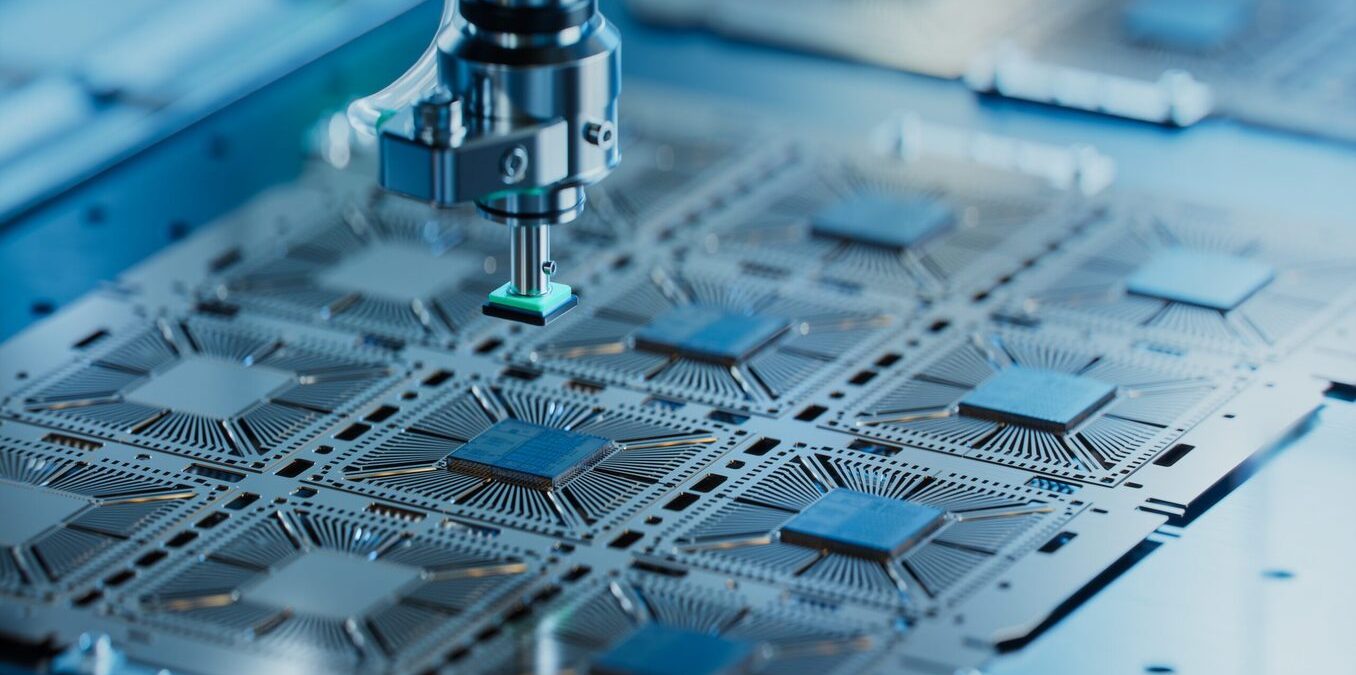 Close-up of Silicon Die are being Extracted from Semiconductor Wafer and Attached to Substrate by Pick and Place Machine. Computer Chip Manufacturing at Fab. Semiconductor Packaging Process.