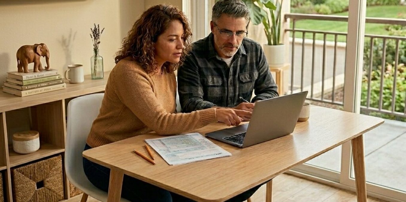 Couple reviewing tax documents at home