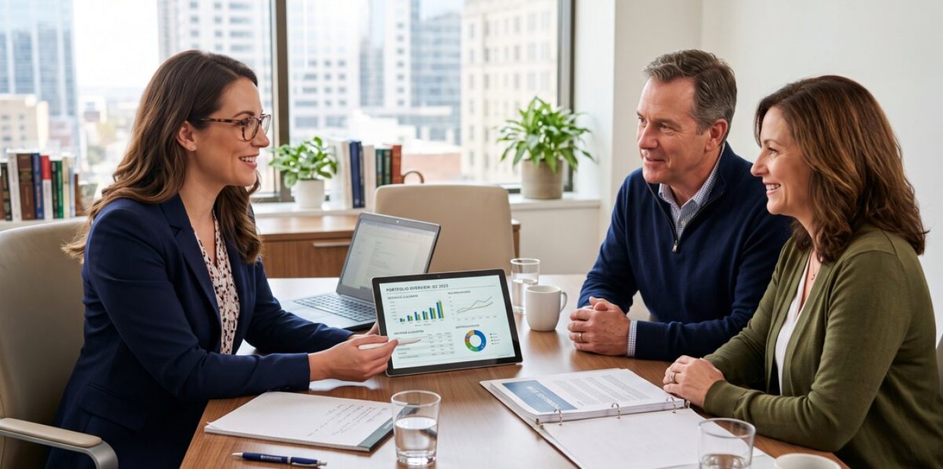 A professional woman in a dark blue blazer and glasses presents financial data to a seated couple during a meeting. Her hand points toward a tablet displaying a bar graph, a pie chart, and line graphs that detail financial growth.