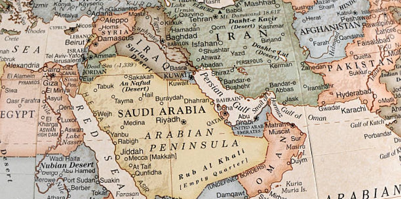 A close-up/macro photograph of Middle East from a desktop globe. Adobe RGB color profile.