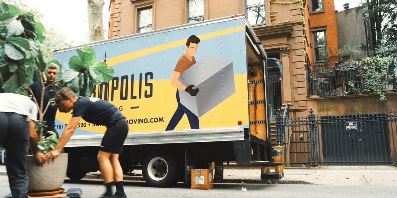 Movers load boxes and a potted plant into a moving van