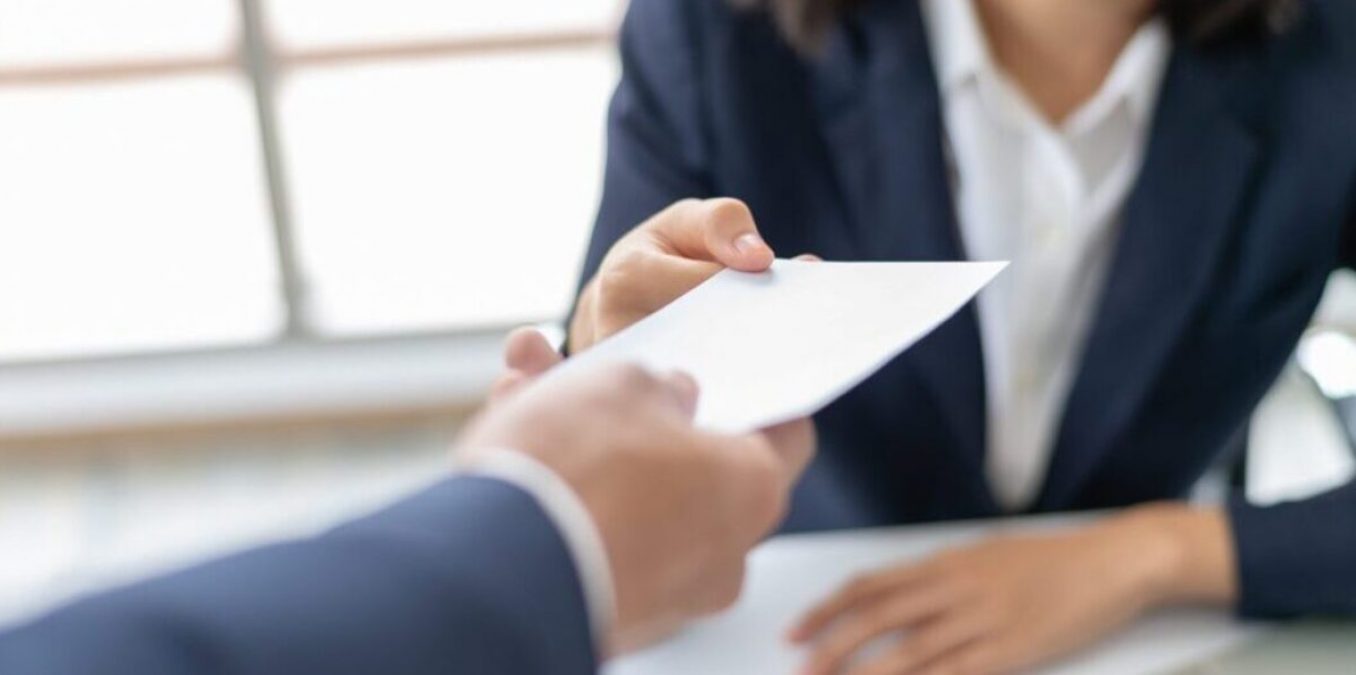 Close-up of a person handing a white envelope to a professional in a suit.