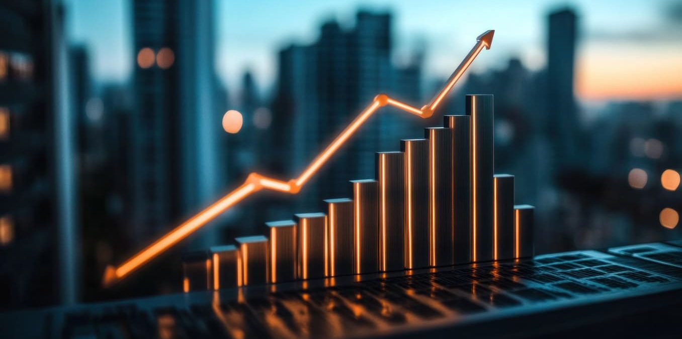 A glowing orange arrow pointing upward across a series of rising bar graphs, set against a blurred nighttime city skyline