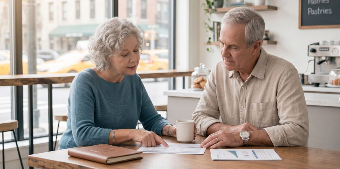 A candid portrait of an attentive senior couple review a spreadsheet and charts together at a coffee shop table, actively engaged in discussions about financial planning and their future.
