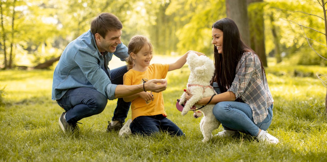A happy family of three - a man, woman, and young girl - crouching in a sun-drenched green park while playing with a small, white curly-haired dog. The mother holds the dog while the father and daughter smile and pet it, surrounded by lush trees and soft, golden sunlight.