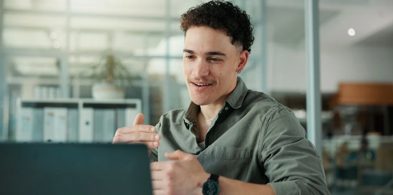 Video call, discussion or man with laptop in office, virtual consultation or financial planning for client. Account strategy, pc or advisor explain market status, investment recommendation or advice