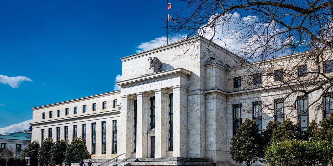 Washington D.C. - March 17, 2019; two security guards standing in front of the United States Federal Reserve System headquarters where monetary policy is established by board of governors